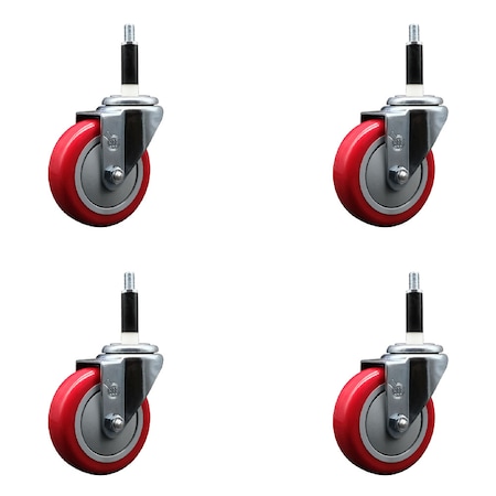 Service Caster 4'' SS Red Poly Wheel Swivel 7/8'' Expanding Stem Caster Set, 4PK SCC-SSEX20S414-PPUB-RED-78-4